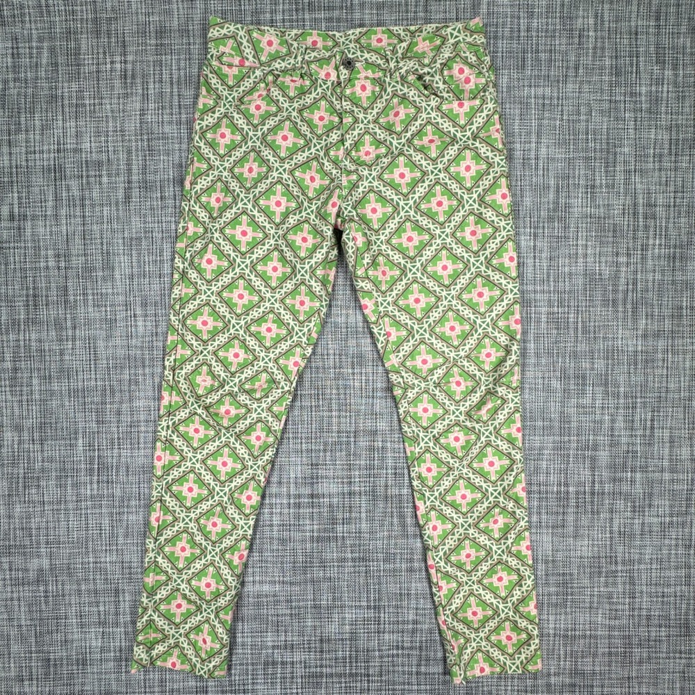 AQRL Womens Pants Large Green Pink Geometric Stretch Trouser Made in Italy Retro